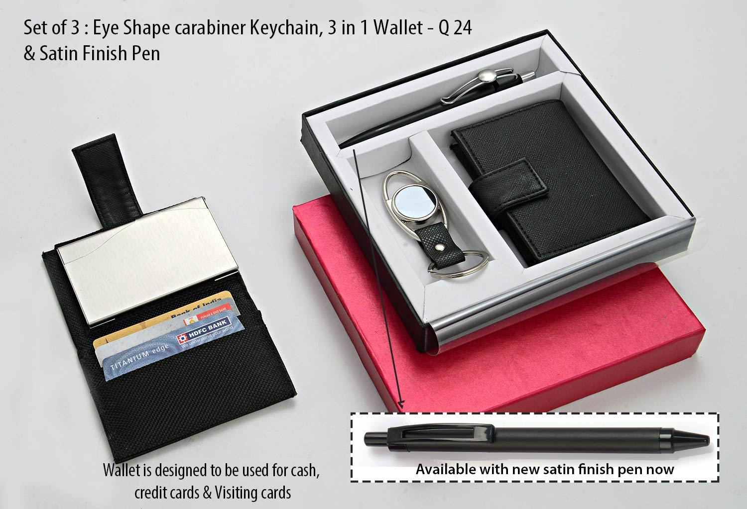 Eye-Shape Carabiner Trio | 3-in-1 Wallet & Satin Pen Set