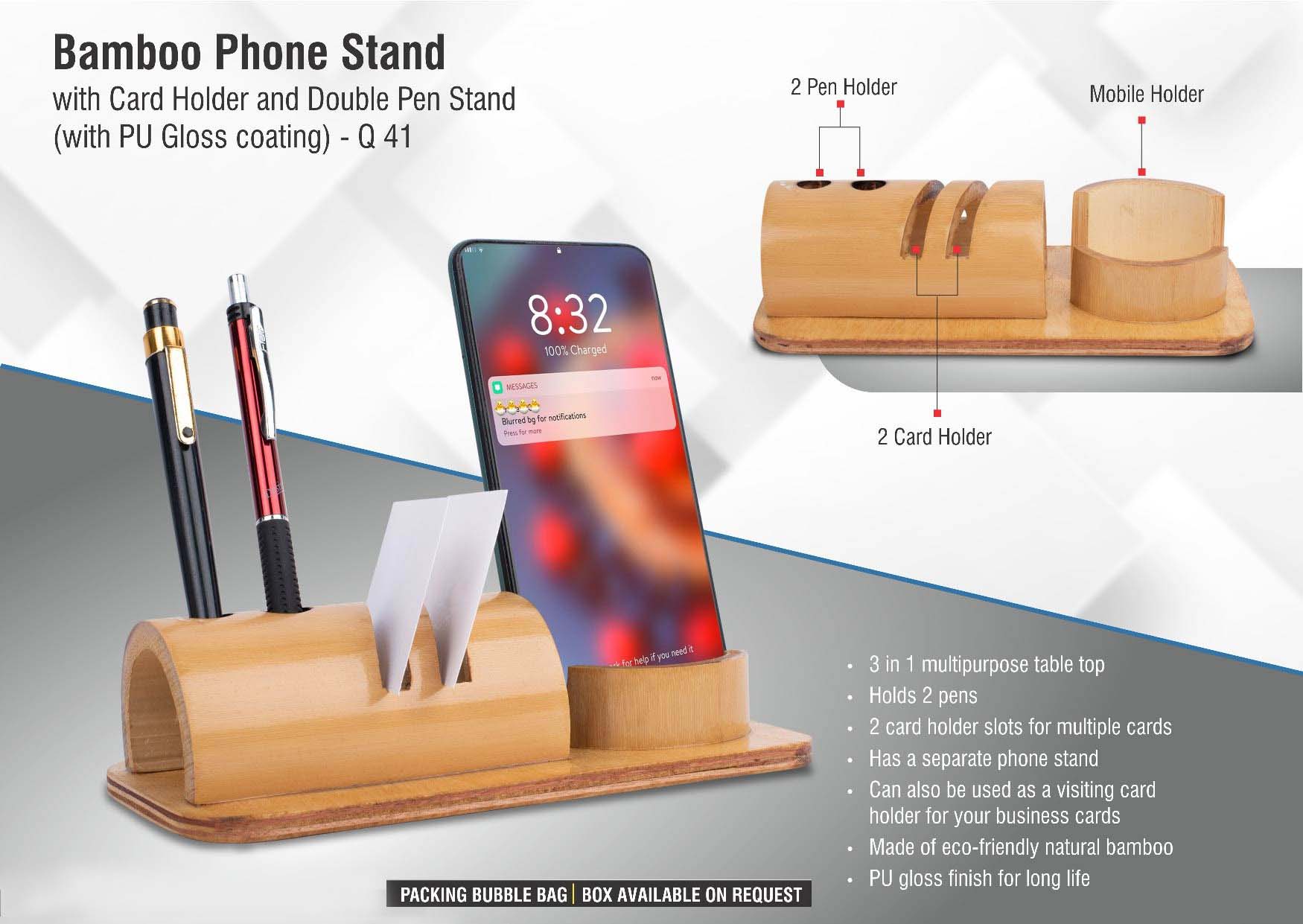 Bamboo Phone-Stand Suite | Integrated Card & Double Pen Holder