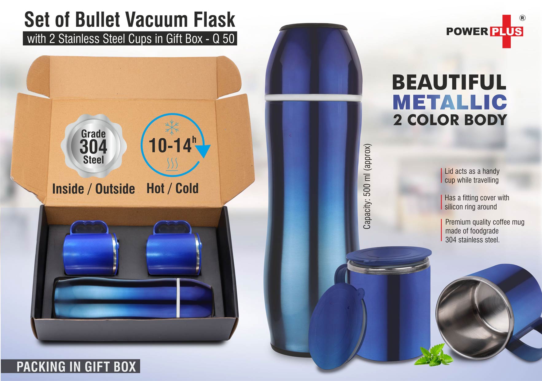 Blue Bullet Vacuum Flask Duo | 3-Pc Metallic Gifting Suite