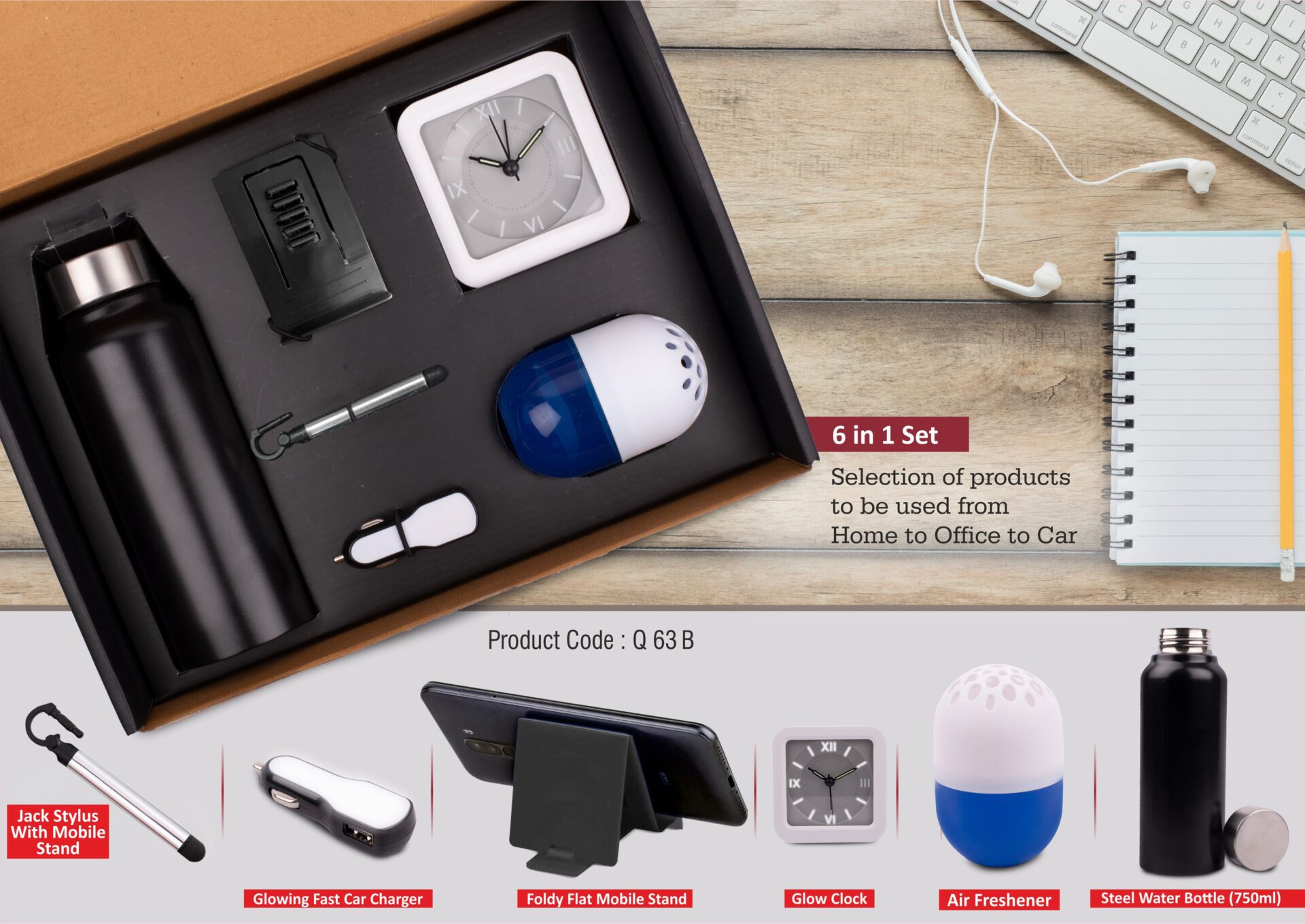 Fast Charger Pro-Grand 6-in-1| Steel Bottle, Glow Clock & kit