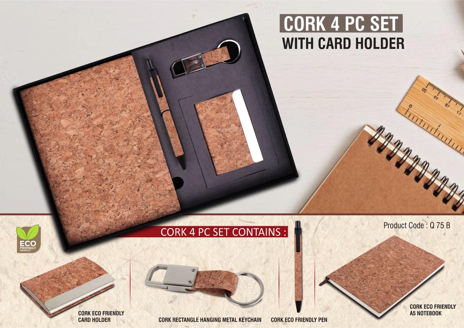 Cork Pro Business Suite | 4-Pc Notebook, Card, Pen & Keychain