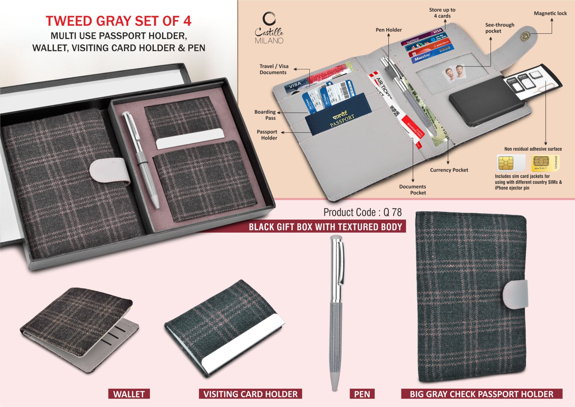 Gray Tweed Fabric Executive | 4-Pc Passport & Wallet Set