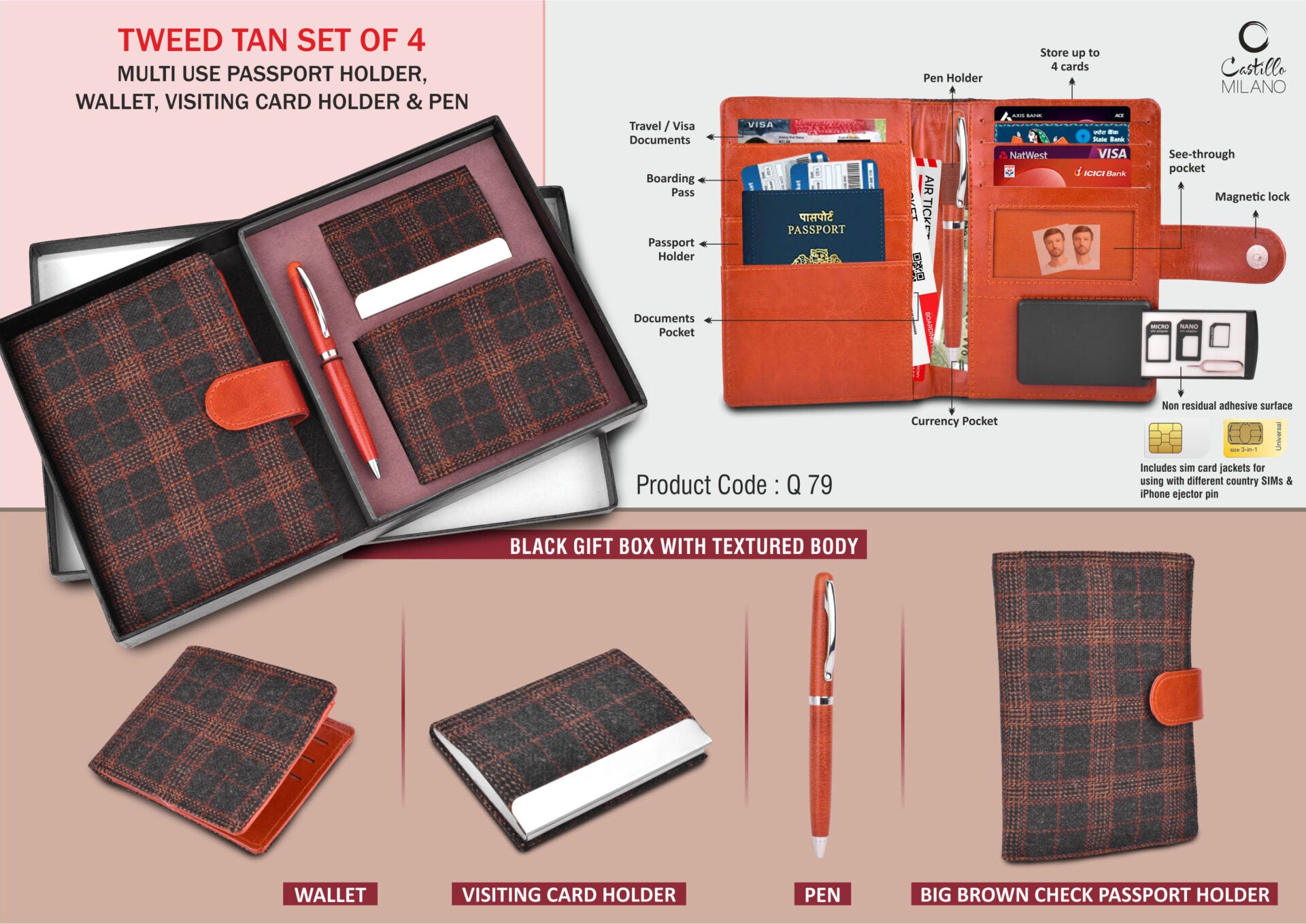 Tan Tweed Fabric Executive | 4-Pc Passport & Wallet Set