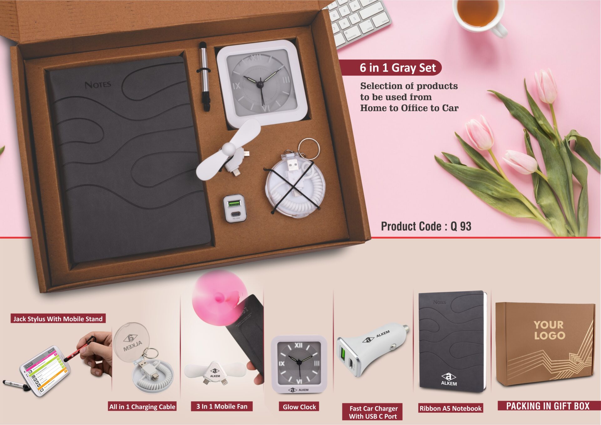 Gray Elite 6-in-1 Ensemble | Fast Car Charger, Glow Clock & Notebook