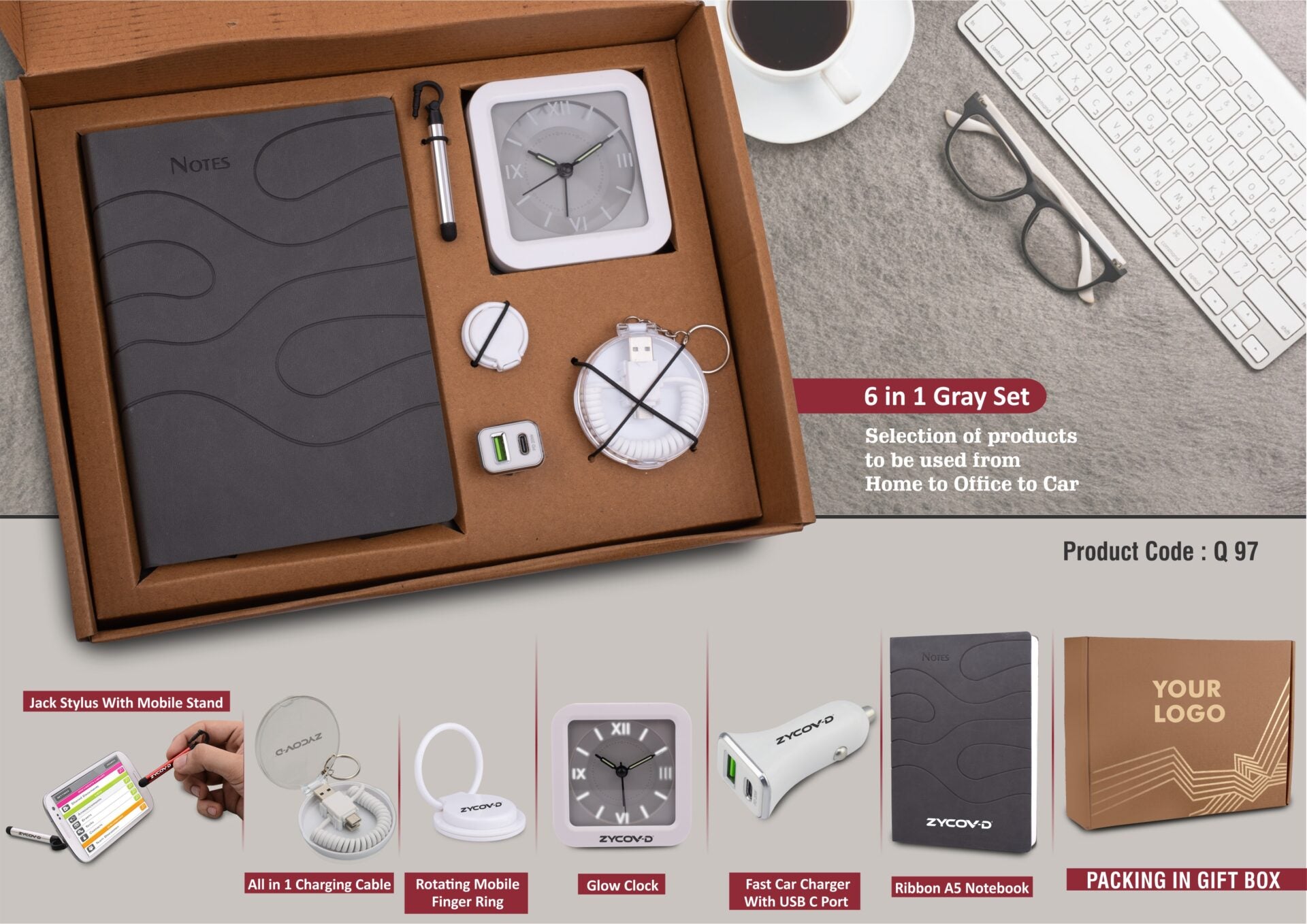 Gray Pro-Grand 6-in-1 | Fast Car Charger, Glow Clock & Notebook