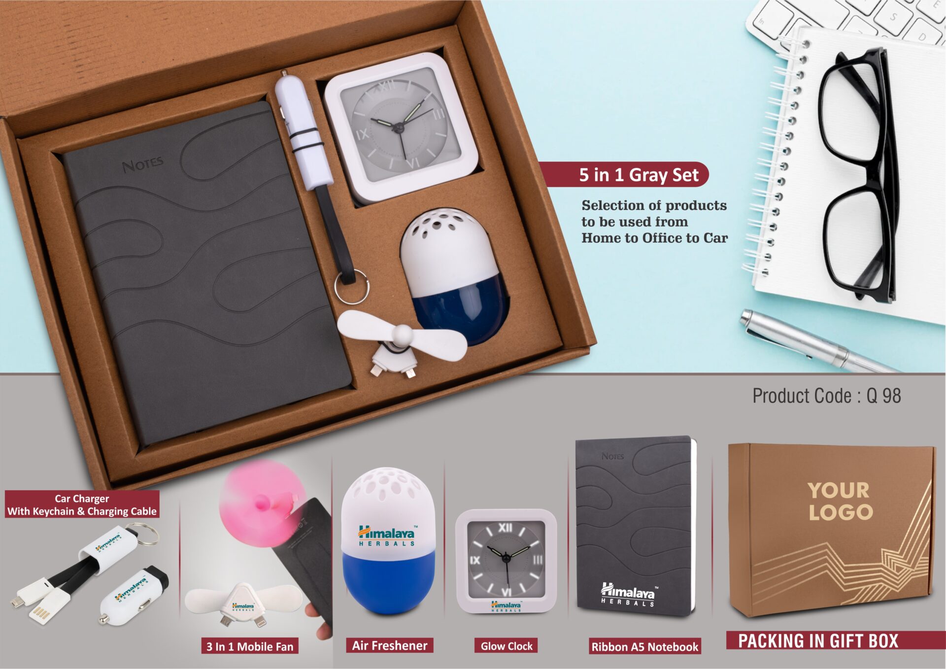 Gray Pro-Grand 5-in-1 | Car Charger, Glow Clock & Notebook Set