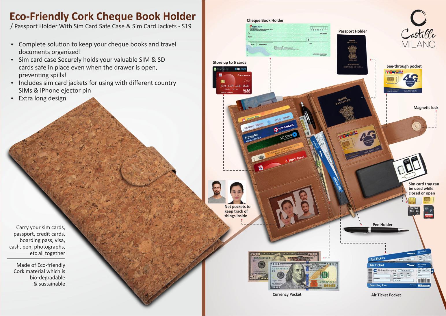 Cork Cheque-Book & Passport Suite | SIM-Safe Travel Holder