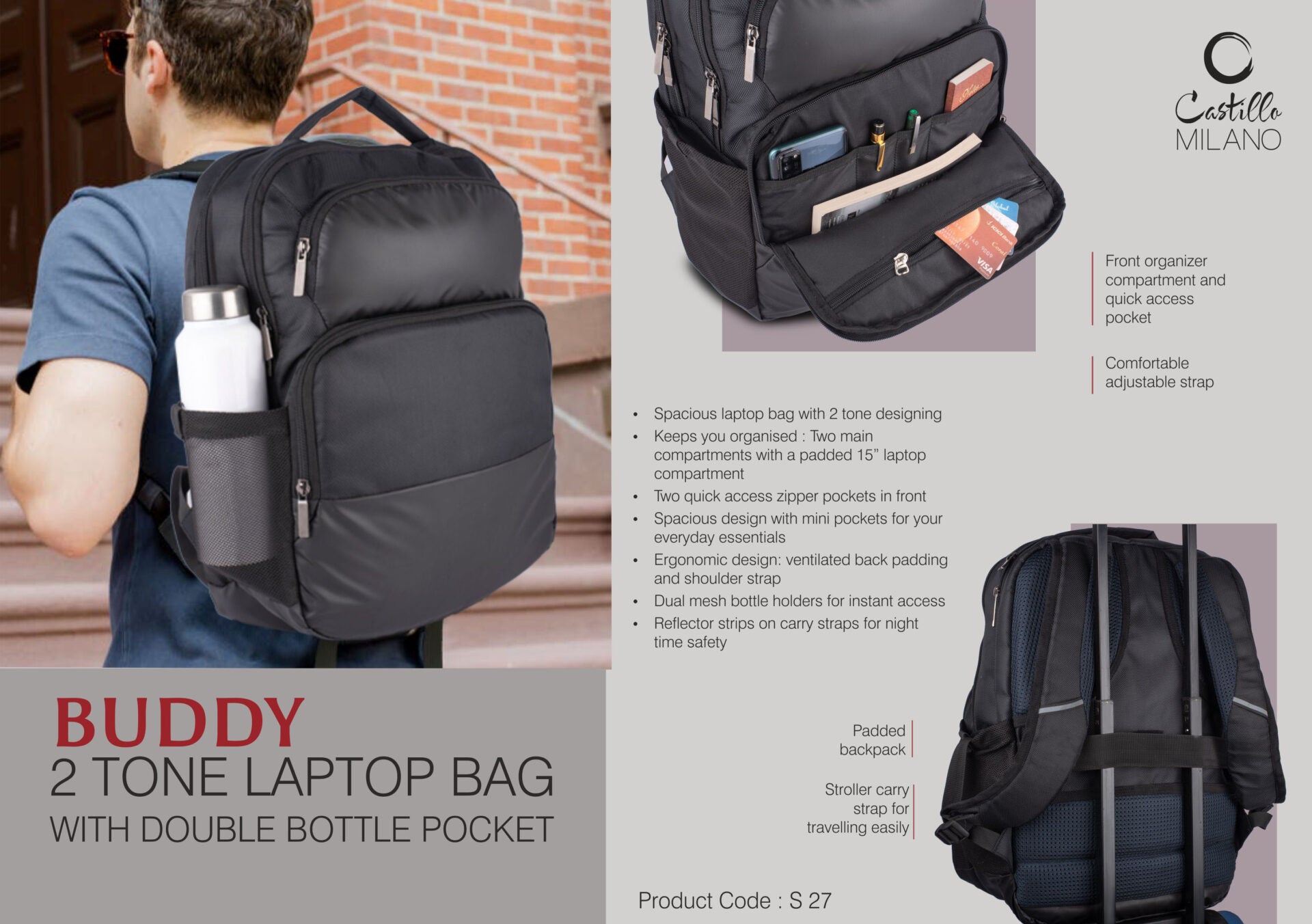Buddy Two-Tone Padded Backpack | Dual Bottle Pocket Suite