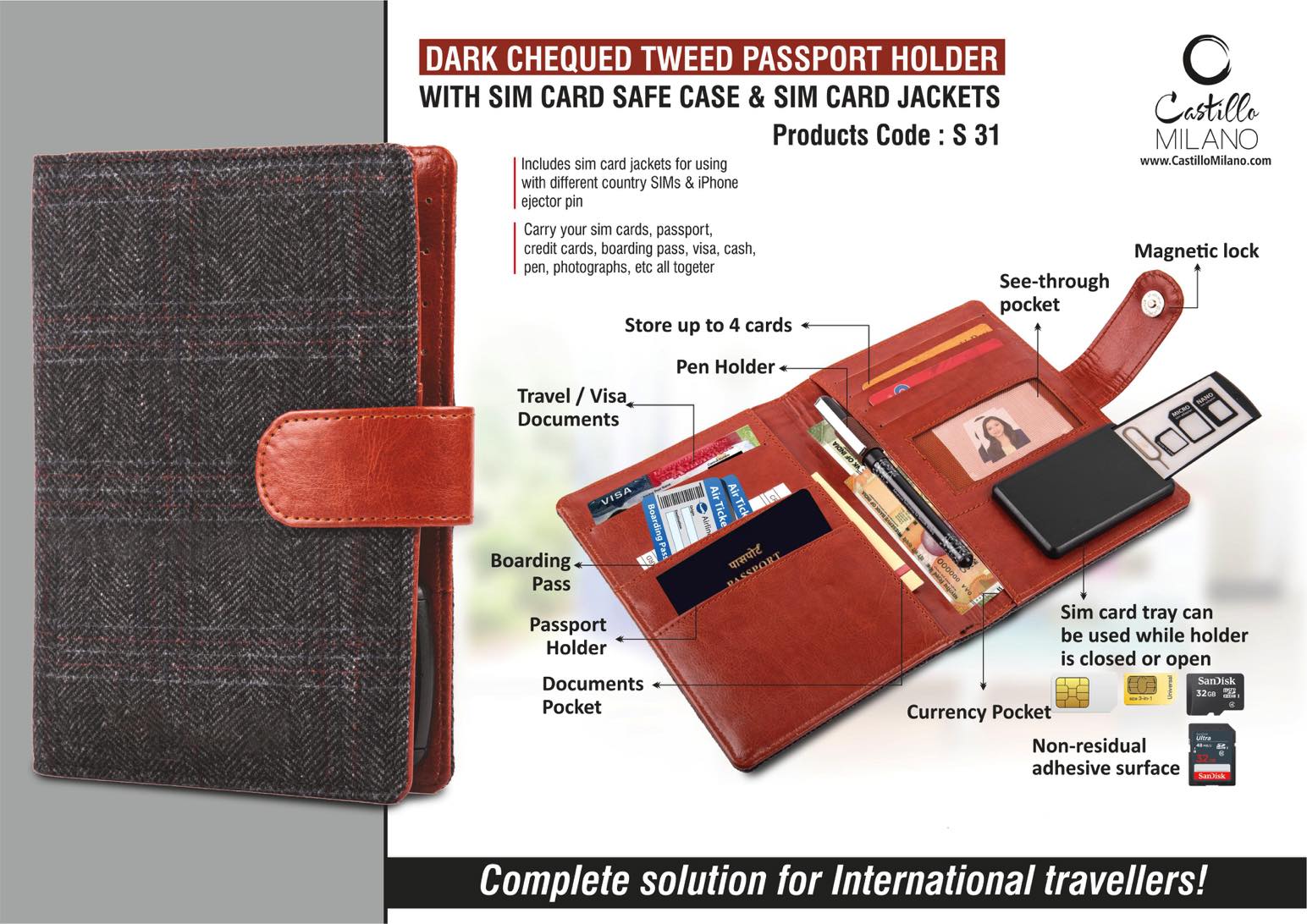 Dark-Checked Tweed Passport Suite | SIM-Safe Professional Holder