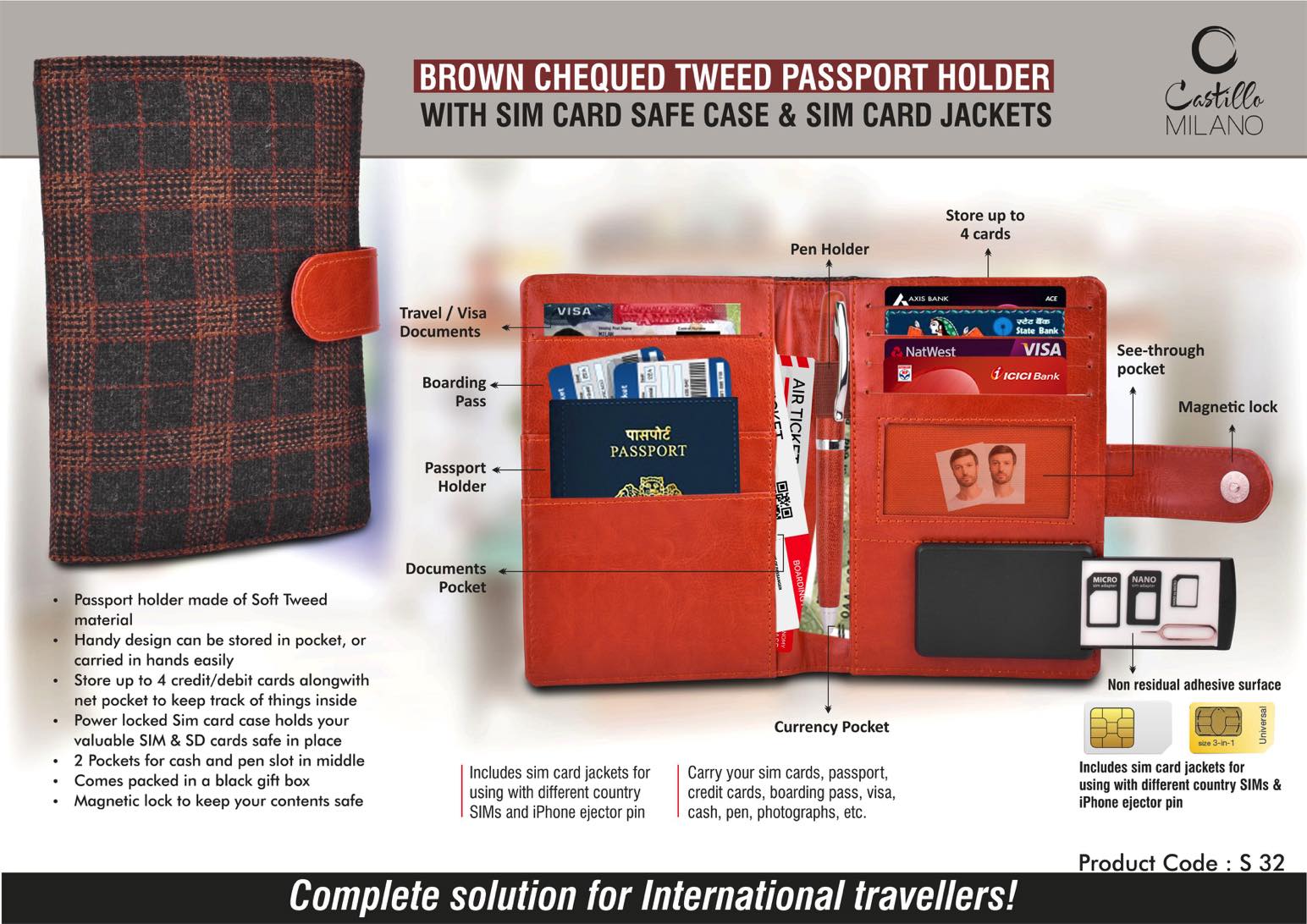 Brown-Checked Tweed Passport Suite | SIM-Safe Travel Holder