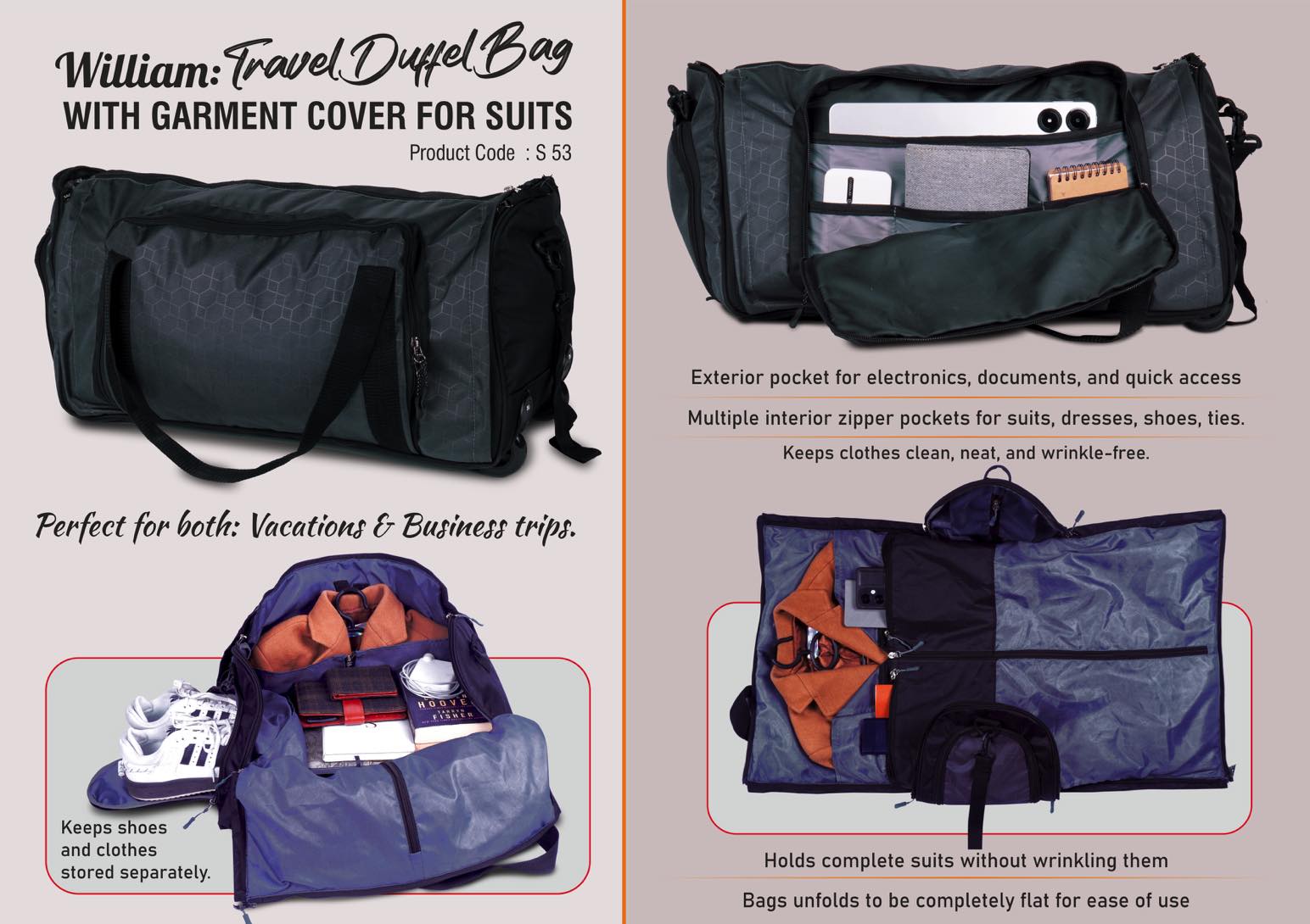 William Travel Suiter Duffel | Garment Cover & Shoe Compartment