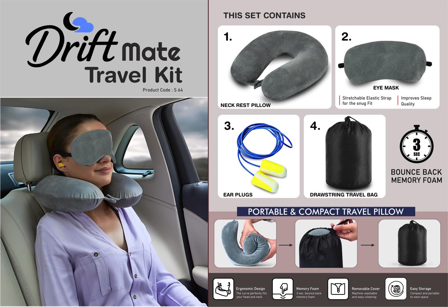 DriftMate Memory Foam Trio | Travel Neck Rest & Eye Mask Set