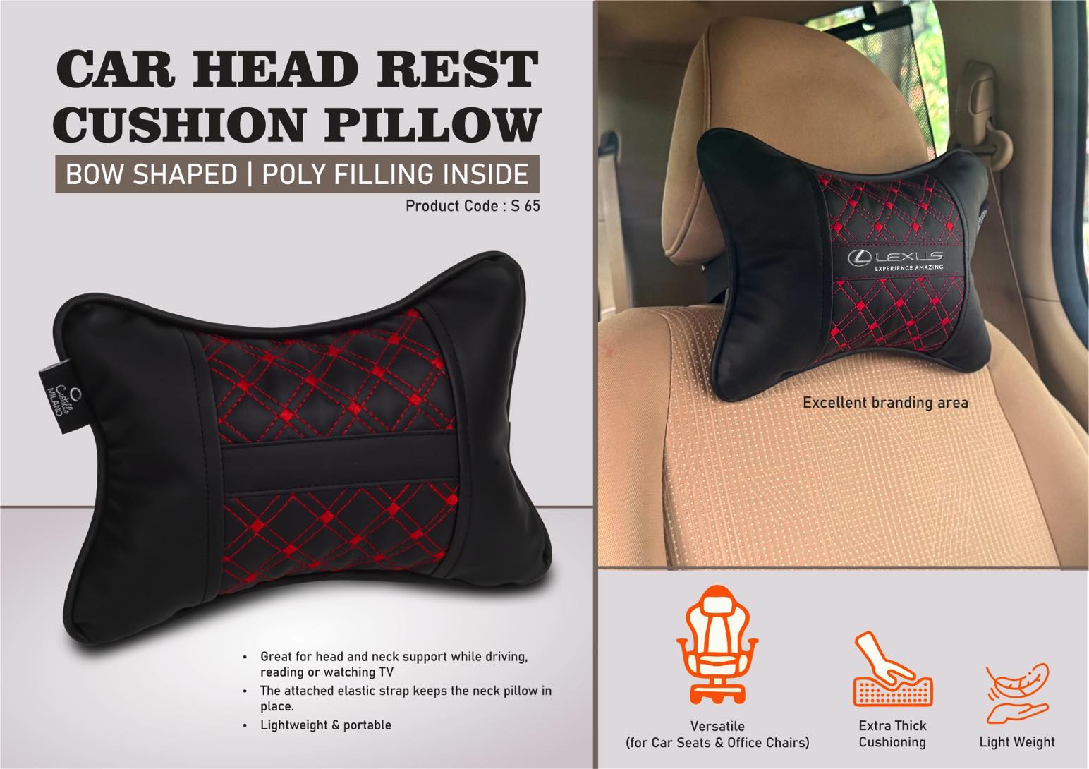 Bow-Shaped Head Rest Comfort | Poly-Fill Car Cushion Pillow