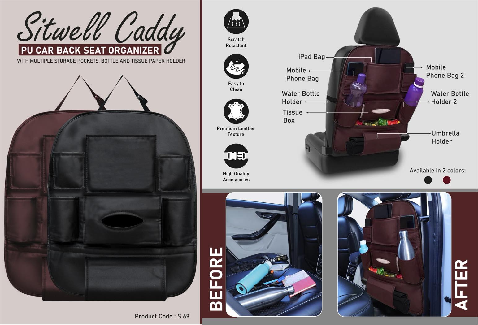 SitWell Caddy Car Organizer | PU Leather Seat Storage Suite